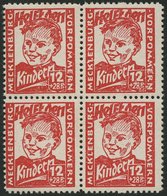 MECKLENBURG-VORPOMMERN 28b VB **, 1945, 12 Pf. Dunkelrosa Kinderhilfe Im Viererblock, Pracht, Gepr. Kramp, Mi. 320.- - Other & Unclassified