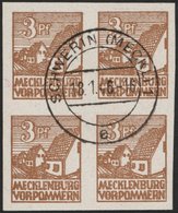 MECKLENBURG-VORPOMMERN 29xa VB O, 1946, 3 Pf. Lebhaftorangebraun, Kreidepapier, Im Zentrisch Gestempelten Viererblock, P - Autres & Non Classés