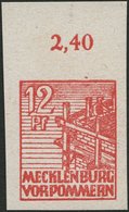 MECKLENBURG-VORPOMMERN 36xaU **, 1946, 12 Pf. Dunkelgraurot, Kreidepapier, Ungezähnt, Pracht, Mi. 60.- - Sonstige & Ohne Zuordnung