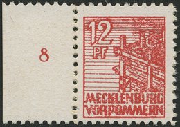 MECKLENBURG-VORPOMMERN 36xcc **, 1946, 12 Pf. Schwärzlichgraurot, Kreidepapier, Linkes Randstück, Pracht, Gepr. Kramp, M - Other & Unclassified