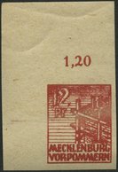 MECKLENBURG-VORPOMMERN 36ydU **, 1946, 12 Pf. Braunrot, Graues Papier, Ungezähnt, Obere Linke Bogenecke, Leichte Bildsei - Other & Unclassified