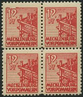 MECKLENBURG-VORPOMMERN 36zb VB **, 1946, 12 Pf. Rot, Dünnes Papier, Im Viererblock, Dabei Plattenfehler 36I, Pracht, Gep - Other & Unclassified