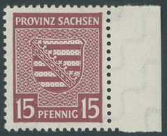 PROVINZ SACHSEN 80X *, 1945, 15 Pf. Mittellilakarmin, Wz. 1X, Randstück, Falzrest, Pracht, Mi. 120.- - Altri & Non Classificati