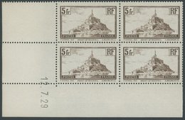 FRANKREICH 240a VB **, 1930, 5 Fr. Dunkelbraun Mont-Saint-Michel Im Eckrandviererblock Mit Druckdatum, Postfrisch, Prach - Other & Unclassified