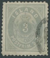 ISLAND 2B O, 1873, 3 Sk. Grau, Gezähnt L 121/2, Unprüfbares Stempelfragment, Fein, Mi. 500.- - Autres & Non Classés