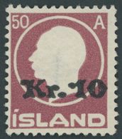 ISLAND 120 *, 1925, 10 Kr. Auf 50 A. Lilarot, Falzrest, Pracht - Sonstige & Ohne Zuordnung