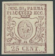 PARMA 10 *, 1857, 25 C. Braun, Rechtes Randstück, Falzrest, Pracht, Gepr. E. Diena, Mi. 400.- - Parme
