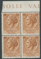 ITALIEN 891 VB **, 1953, 80 L. Orangebraun, Wz. 3, Oberrandviererblock, Postfrisch, Pracht, Mi. 480.- - Mint/hinged