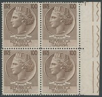 ITALIEN 920A VB **, 1954, 100 L. Braun, Wz. 3, Gezähnt L 131/4, Im Randviererblock, Postfrisch, Pracht, Mi. 800.- - Mint/hinged