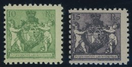 LIECHTENSTEIN 50A,52A **, 1921, 10 Rp. Dunkelgelblichgrün Und 15 Rp. Schwarzgrauviolett, Gezähnt L 91/2, Postfrisch, 2 P - Autres & Non Classés