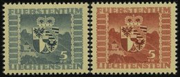 LIECHTENSTEIN 243,252 **, 1945/7, 5 Fr. Wappen, 2 Prachtwerte, Mi. 79.- - Autres & Non Classés