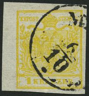 ÖSTERREICH 1Xa O, 1850, 1 Kr. Ockergelb, Handpapier, Type Ib, Mit Linkem Rand (4 Mm), Pracht - Usados