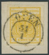 ÖSTERREICH BIS 1867 1Xd BrfStk, 1850, 1 Kr. Kadmiumgelb, Handpapier, Type III, K2 OFEN, Breitrandiges Kabinettbriefstück - Gebruikt