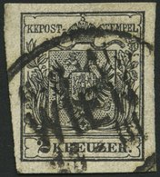 ÖSTERREICH 2Ya O, 1854, 2 Kr. Schwarz, Maschinenpapier, Mit Plattenfehler Beschädigung Am Linken Kronenband, Ovalstempel - Usados