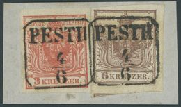 ÖSTERREICH BIS 1867 3XR,4X BrfStk, 1850, 3 Kr. Rot, Geripptes Papier, Mit 6 Kr. Braun Auf Briefstück Mit Zentrischem Ach - Used Stamps