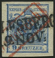 ÖSTERREICH 5X O, 1850, 9 Kr. Blau, Handpapier, Type IIIa, L2 Und Roter R1 Aus Österreich, Pracht, R! - Gebraucht