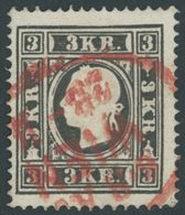 ÖSTERREICH BIS 1867 11IIa O, 1858, 3 Kr. Schwarz, Type II, Roter Stempel, Pracht, Mi. 250.- - Used Stamps