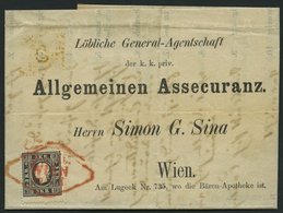 ÖSTERREICH 11II BRIEF, 1859, 3 Kr. Schwarz, Type II, Mit Zentrischem Roten Rhombenstempel WIEN, Auf Dekorativem Versiche - Used Stamps