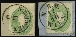 ÖSTERREICH 19 BrfStk, 1860, 3 Kr. Grün, K1 N:B:H: WIEN Und N.B.H. WIEN, 2 Prachtbriefstücke - Usados