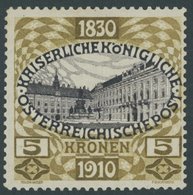 ÖSTERREICH 1867-1918 176 *, 1910, 5 Kr. 80. Geburtstag, Falzrest, Pracht, Mi. 140.- - Gebraucht