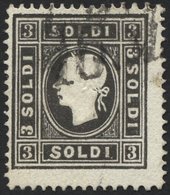 LOMBARDEI UND VENETIEN 7IIa O, 1859, 3 So. Schwarz, Type II, Pracht, Mi. 120.- - Lombardo-Veneto