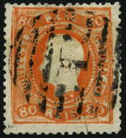 PORTUGAL 30 O, 1867, 80 R. Orange, Nummernstempel 1, üblich Gezähnt Pracht, Mi. 150.- - Gebraucht
