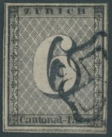 ZÜRICH 2II O, 1843, 6 Rp. Schwarz/dunkelbräunlichrot, Type V, Mit Schwarzer Rosette, Repariert Wie Pracht - 1843-1852 Federale & Kantonnale Postzegels