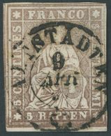 SCHWEIZ BUNDESPOST 13IIBys O, 1856, 5 Rp. Braun, Schwarzer Seidenfaden, Berner Druck II, (Zst. 22D), Unterrandstück, All - Autres & Non Classés