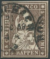 SCHWEIZ BUNDESPOST 13IIBys O, 1856, 5 Rp. Braun, Schwarzer Seidenfaden, Berner Druck II, (Zst. 22D), Allseits Breitrandi - Sonstige & Ohne Zuordnung