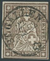 SCHWEIZ BUNDESPOST 13IIBym O, 1858, 5 Rp. Graubraun, Berner Druck III, (Zst. 22G), Zentrischer K1 ST. GALLEN, Voll-breit - Sonstige & Ohne Zuordnung