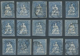 SCHWEIZ BUNDESPOST 14IIBym O, 1859, 10 Rp. Lebhaftblau, Berner Druck III, (Zst. 23G), 15 Prachtwerte In Nuancen - Sonstige & Ohne Zuordnung