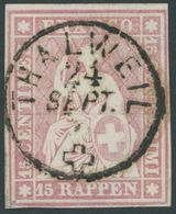 SCHWEIZ BUNDESPOST 15IIByp O, 1857, 15 Rp. Rosa, Blauer Seidenfaden, Berner Druck II, (Zst. 24D), Idealer Zentrischer K1 - Sonstige & Ohne Zuordnung