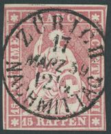 SCHWEIZ BUNDESPOST 15IIByp O, 1857, 15 Rp. Rosa, Blauer Seidenfaden, Berner Druck II, (Zst. 24D), Zentrisch ZÜRICH NACHM - Sonstige & Ohne Zuordnung