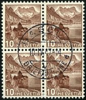 SCHWEIZ BUNDESPOST 363z VB O, 1940, 10 C. Dunkelrötlichbraun, Geriffelter Gummi, Im Zentrisch Gestempelten Viererblock,  - Otros & Sin Clasificación