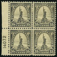 USA 277 VB **,* , Scott 566, 1922, 15 C. Freiheitsstatue Im Plattenviererblock, Die Beiden Unteren Werte Postfrisch, Pra - Usados