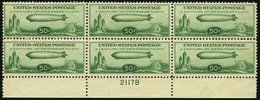 USA **, Scott C 18, 1933, 50 C. Chicagofahrt, Im Postfrischen Sechserblock Vom Unterrand Mit Plattennummer 21178, Unrege - Used Stamps