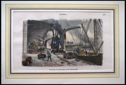 HAMBURG: Lokomobile Dampfkrahnen In Den Ausladedocks, Kolorierter Holzstich Von 1881 - Lithographies