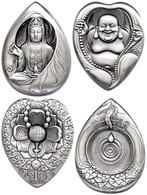 Set Von Zwei Silbermedaillen, O.J., Budhha, Je 60g Silber, Antik Finish, Etuis Mit Zertifikaten, St. Auflage Jeweils Nur - China