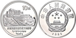 10 Yuan, Silber, 1985, 20 Jahre Autonome Region Tibet, KM 127, In Kapsel, Minimal Angelaufen, PP.  PP - China