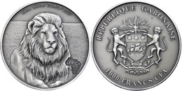1.000 Francs, 2013, Africa - Löwe, 1 Unzen Silber, Antik Finish, In Kapsel Mit Zertifikat, St. Auflage Nur 2.000 Stück.  - Gabon