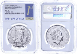 2 Pounds, 2016, Britannia, In Slab Der NGC Mit Der Bewertung MS70, Textured Fields, First Day Of Issue Label. - Andere & Zonder Classificatie