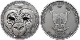 1.000 Francs, 2013, Baby Gorilla, 1 Unze Silber, Antik Finish, Real Eye Effect, Etui Mit OVP Und Zertifikat, St. Auflage - Kameroen