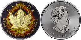 5 Dollars, 2015, Burning Maple Leaf, 1 Unzen Silber, Black Ruhenium Finish, Vergoldet, Etui Mit OVP Und Zertifikat, St.  - Canada