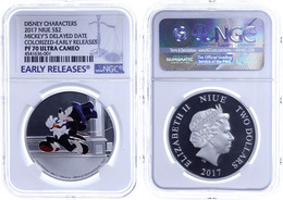 2 Dollars, 2017, Mickey's Delayed Date, In Slab Der NGC Mit Der Bewertung PF 70 Ultra Cameo, Koloriert, Early Releases. - Niue