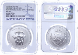 5 Dollars, 2015, Lunar Skulls Series-Year Of The Monkey, In Slab Der NGC Mit Der Bewertung MS70, Early Releases. - Palau