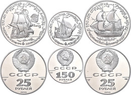 Set Zu 2 X 25 Rubel Palladium Und 1 X 150 Rubel Platin, 1990, Segelschiff St. Paul, St. Peter Und St. Gabriel, Auflage J - Russland