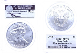 1 Dollar, 2011, Silver Eagle, In Slab Der PCGS Mit Der Bewertung MS70, 25. Jubiläum Set, First Strike, John M. Mercanti  - Andere & Zonder Classificatie