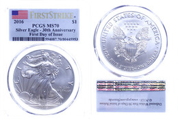 1 Dollar, 2016, Silver Eagle, In Slab Der PCGS Mit Der Bewertung MS70, First Strike, First Day Of Issue, Flag Label. - Andere & Zonder Classificatie