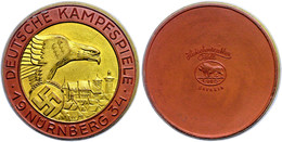 Teilvergoldete Porzellanmedaille (Dm. Ca. 52mm, Ca. 26,46g), 1934, Aus Die Deutschen Kampfspiele In Nürnberg. Av: Adler  - Sonstige & Ohne Zuordnung