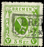 5 Sgr. Dunkelgelblichgrün, Gestreiftes Papier, Entwertet Mit Ra2 "BREMEN (KS 112), Randfehler Rechts, Mittig Hell, Fotob - Bremen